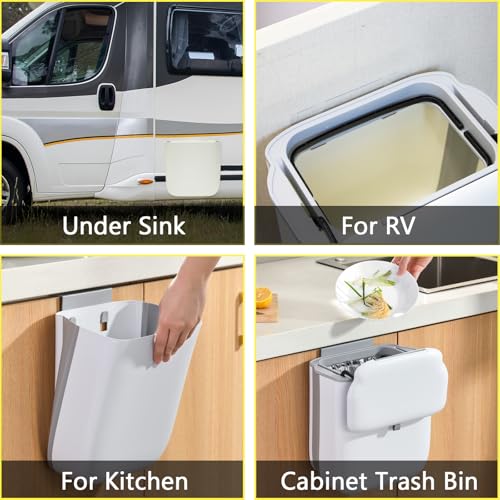 Soddeph 3.2Gal Collapsible Trash Bin with Lid | Hanging wall-mounted wastebasket for kitchen, under sink, RV. Collapsible, beige, space-saving