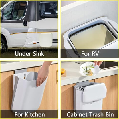 Soddeph 3.2Gal Collapsible Trash Bin with Lid | Hanging wall-mounted wastebasket for kitchen, under sink, RV. Collapsible, beige, space-saving