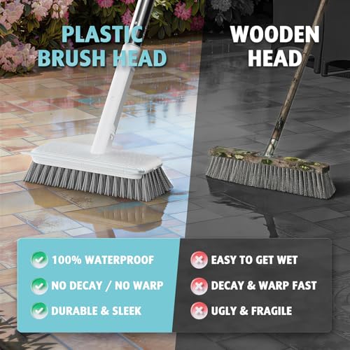 AIR U+ Concrete Scrub Brush, Long Handle, 7-Row Wire Bristles, Squeegee | Removes moss, algae and tough buildup from patios, driveways, pavers and garage floors, focused control for edges and steps