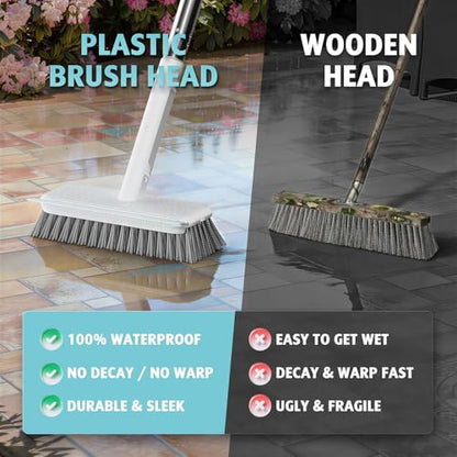 AIR U+ Concrete Scrub Brush, Long Handle, 7-Row Wire Bristles, Squeegee | Removes moss, algae and tough buildup from patios, driveways, pavers and garage floors, focused control for edges and steps
