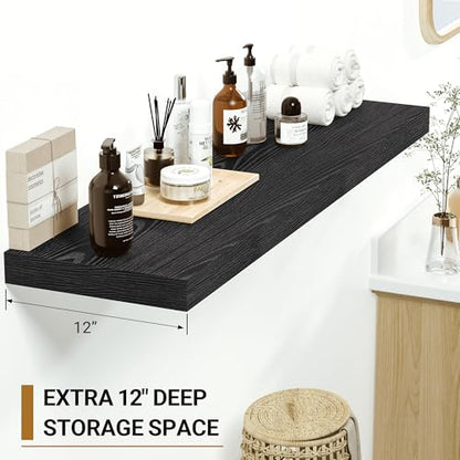 Vivelove 24 Inches Black Floating Shelves, 12 Inch Deep, Set of 2 | Invisible Brackets, Easy Mount Shelf with Hardware Kit, for Bathroom Bedroom Living Room Kitchen, Engineered Wood - color: Black, size: 23.6”wx12”dx1.5”h