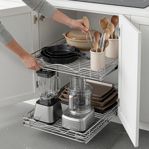2-Tier Pull-Out Cabinet Organizer for Kitchen, 28"W x 21”D x 16.5"H | Full-Extension Sliding Shelves, Holds 100 lbs, Easy Install for Kitchen, Pantry & Under Sink Cabinets - size: 28 Inch