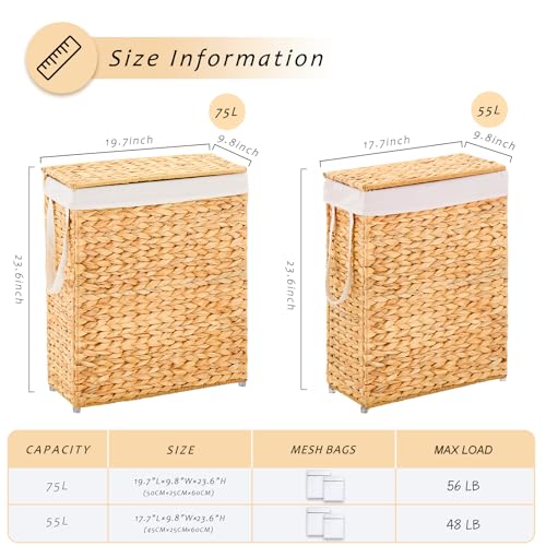 Handwoven Slim Laundry Hamper with Lid, Narrow Wicker Laundry Basket, Natural Water Hyacinth Basket and Handleswith Removable Liner Bag & 2 Mesh Bags (Natural with Lid, 55L) - color: Hyacinth with Lid, size: 55L