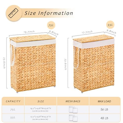 Handwoven Slim Laundry Hamper with Lid, Narrow Wicker Laundry Basket, Natural Water Hyacinth Basket and Handleswith Removable Liner Bag & 2 Mesh Bags (Natural with Lid, 75L) - color: Hyacinth with Lid, size: 75L