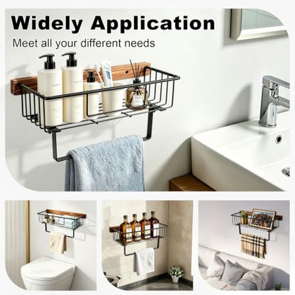 Livabber Hand Towel Holder with Wooden Storage Basket, 9 Inch Rustic Metal Towel Ring/Hand Towel Bar with Shelf, Wall Mounted Farmhouse Bathroom Organizer for Small Decor, Plant (Black)