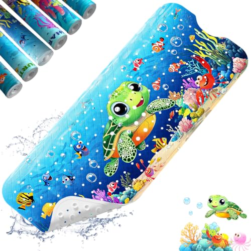 Baby Bath Mat for Tub Non Slip Kids Bath Mat - 40''x16'' Extra Long Cartoon Turtle Baby Bath Tub Mat Eco-Friendly Toddler Bath Mats with Suction Cups & Drain Holes, Easy to Clean & Easy Drying - color: A-small Turtle