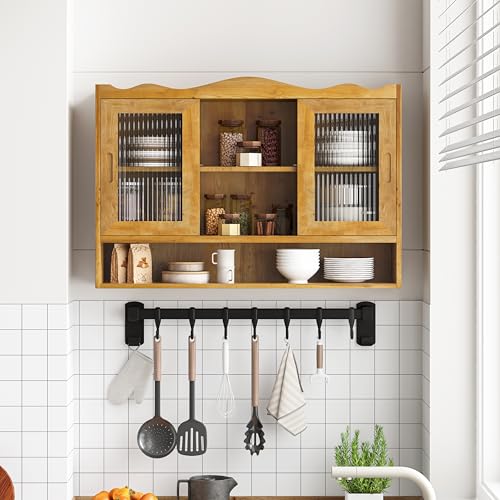 Retro Style Haze Two Glass Door Wood Wall Cabinet with Detachable Shelves for Office, Dining Room,Living Room, Kitchen and Bathroom - color: Natural(3)
