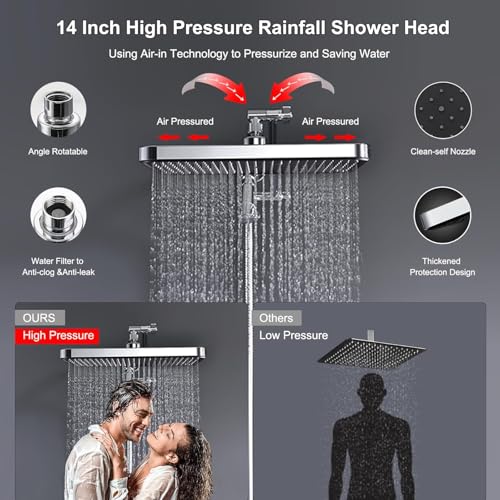 14 Inch Square Rain Shower Head Combo, 7 Settings Handheld Spray, Water Saving with Check Valve, Anti-Clog Nozzles, Tool-Free Installation for Bathroom Upgrade