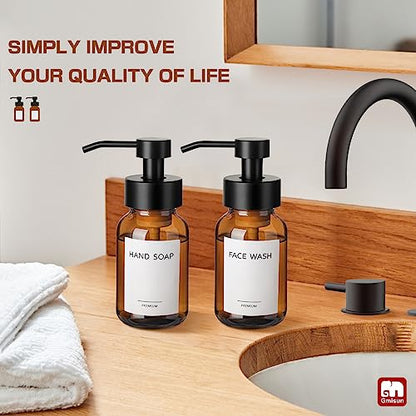 GMISUN Foaming Soap Dispenser, 8.5 fl oz / 250ml Amber Glass Foam Soap Dispenser for Bathroom & Kitchen, 2 Pack Modern Refillable Foaming Hand Soap Dispensers, Foam Pump Bottle with Waterproof Labels - color: Amber Bottle, size: 8.5 Fl oz without Silicone