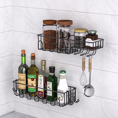 4-Pack Adhesive Shower Caddy, Wall Mounted Bathroom Shelf, Black | 2 Open Grid Baskets, Drill-Free Adhesive, 2 Detachable Hooks, Rustproof Metal, Ideal Bathroom Kitchen Shelf, Holds 25Lbs - color: Black