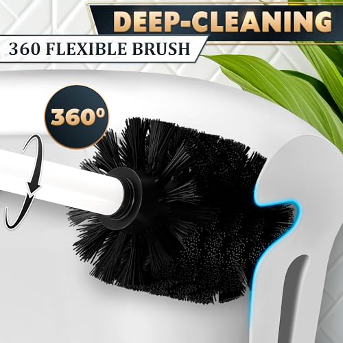 Stainless Steel Toilet Brush and Holder Set, Splash Guard (White) | White Toilet Bowl Brush and Holder Set, Removable Bowl, Dense Bristles, Long Handle, Scratch Resistant, for Modern Bathrooms - color: White