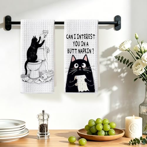 Hanamiya Na 2Pcs Funny cat Hand Towel for Bathroom 24x14 Inch | Funny Absorbent Microfiber Dish Cloth Bathroom Towel, Waffle Weave Hand Towels for Toilet Home, Cat Lover Gifts - color: Multi 1379