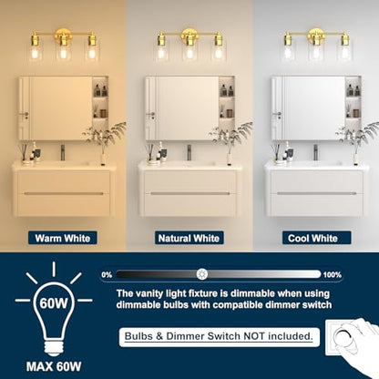 Bathroom Vanity Light Fixtures, 3-Light Brushed Gold Wall Sconce with Clear Glass, Modern Vanity Lights Over Mirror for Bathroom, Kitchen, Living Room, Mirror, E26 Base(Bulbs Not Included) - color: Gold 3 Lights