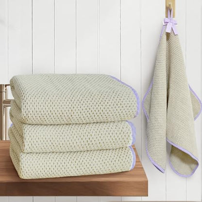 VOOVA & MOVAS Bathroom Hand Towels 4 Pack, 100% Cotton, 28x16 in, Beige | Versatile for Guest Bathroom Use, Built-in Hanging Loop, Purple Piping, Waffle Weave Texture - color: Purple Piping, size: 4PC Hand Towels (16"x28")