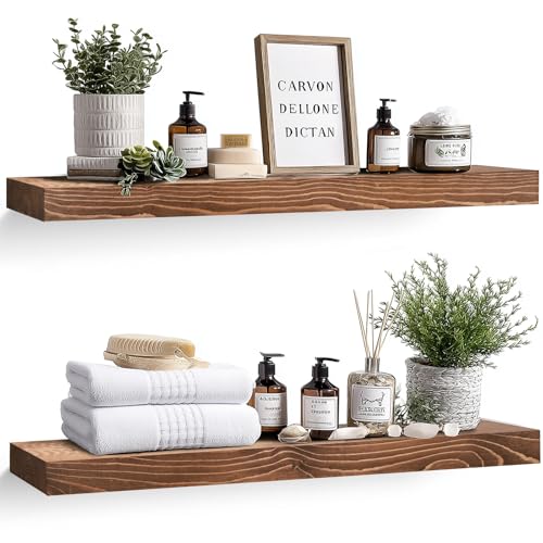 Solid Wood Floating Shelves, 36 Inch Wall Shelves, Set of 2, Brown | 8 Inch Deep, 1.6 Inch Thick, Extra-Wide Display Space, Mounting Hardware Included, For Kitchen, Bathroom and Living Room - color: Brown, size: 36x8x1.6