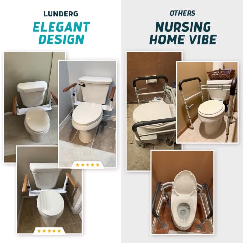 Lunderg Toilet Safety Rails for Seniors - Elegant, No Nursing Home Vibe | Easy Installation, Height-Adjustable & Wood-Finish Toilet Seat Handles - No Space Lost, Support for Elderly & Mobility Needs