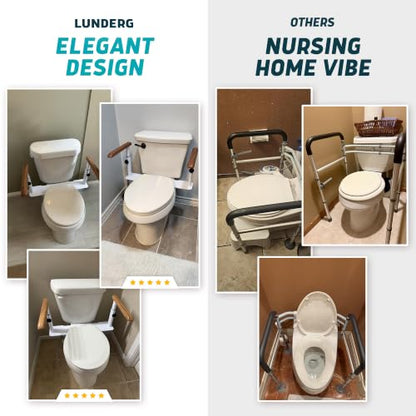 Lunderg Toilet Safety Rails for Seniors - Elegant, No Nursing Home Vibe | Easy Installation, Height-Adjustable & Wood-Finish Toilet Seat Handles - No Space Lost, Support for Elderly & Mobility Needs