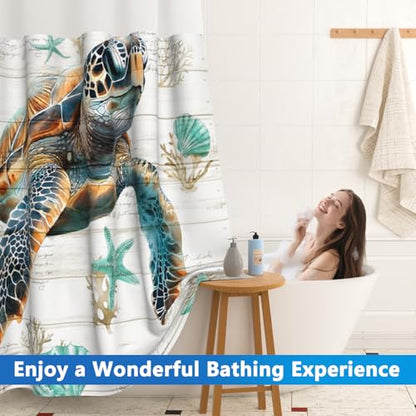 Ocean No Hook Shower Curtain and Snap in Liner Set, Wood Grain Turtle Shower Curtain with Liner and Weighted Hem, 71x74 Inch Heavy Duty Waterproof Fabric Sheer Top Window Shower Curtain for Bathroom - color: Giant Turtle
