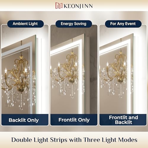 Keonjinn 40” x 36” LED Bathroom Mirror with Lights, Frontlit and Backlit | HD Tempered Glass, Separately Frontlit/Backlit, Double Light Strips, Stepless 3 Colors Temperature & Dimmable, Fast Anti fog - size: 36"L x 40"W
