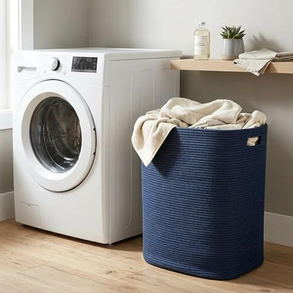 Large Laundry Hamper 16"x13"x22" - Tall Woven Baby Laundry Basket, Cotton Rope Dirty Clothes Hamper Bin, Blanket Storage for Living Room, Nursery Bedroom Aesthetic, Soft Dark Blue Hamper, 75L - color: Blue