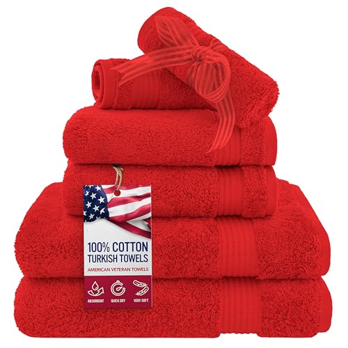 American Veteran Towel, 6 Piece Towel Set for Bathroom, 100% Cotton Turkish Bathroom Towels, 2 Bath Towels 2 Hand Towels 2 Washcloths, Red - color: Red, size: X Large 6 PC