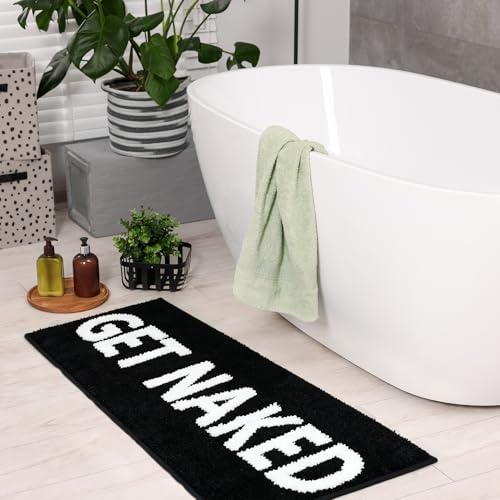 Get Naked Bath Mat Black and White Long Bathroom Rugs | Funny Non Slip Washable Runner Rug Quick Dry Absorbent Microfiber Large Bathmat,17*47 Inch - color: Black, size: 17*47"