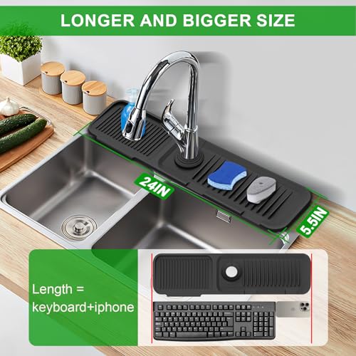 Sink Splash Guard, 5°Slope Silicone Draining Mat for Kitchen Sink, 24 inch Sink Faucet Mat, Silicone Sink Faucet Mat Splash Guard, Sink Water Splash Guard, Sink Accessories for Kitchen, Bathroom
