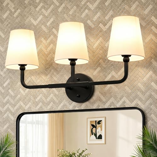 MOKATNG Bathroom Light Fixtures, 3-Light Matte Black Vanity Lights, Bathroom Lighting Fixtures Over Mirror with Flared White Fabric Shade, Modern Wall Sconces for Living Room Hallway - color: Matte Black & White Shade