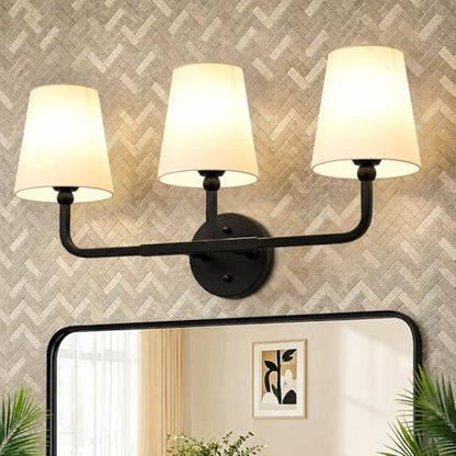 MOKATNG Bathroom Light Fixtures, 3-Light Matte Black Vanity Lights, Bathroom Lighting Fixtures Over Mirror with Flared White Fabric Shade, Modern Wall Sconces for Living Room Hallway - color: Matte Black & White Shade