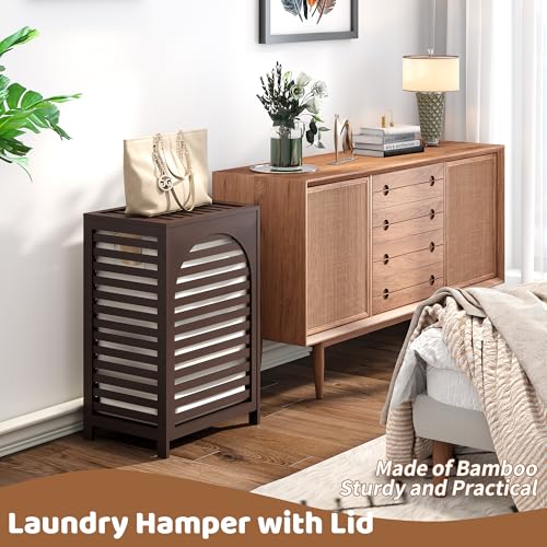 Laundry Hamper with Lid (16.9 * 13 * 26.5inches) Large Bamboo Laundry Bin Basket 85L Clothes Hamper with 1 Removable Bag Storage baskets for Bathroom(Brown) - color: Brown
