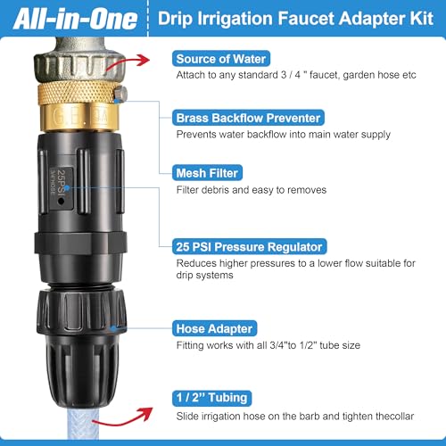 1 PC 25PSI Drip Irrigation Faucet Adapter Kit 1/2" Tubing to 3/4" Faucet | Drip Irrigation Filter with Water Pressure Regulator, Backflow Preventer and Filter for Irrigation of Gardens, Farmlands, etc