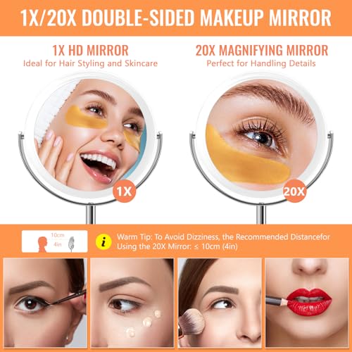 Auxmir 1X/20X Double-Sided Makeup Mirror, 8" Magnifying Mirror | 360°rotation, tweezers, vanity desk table stand travel, stainless steel and ABS construction, 20X magnification - color: 1x/20x-8 Inch