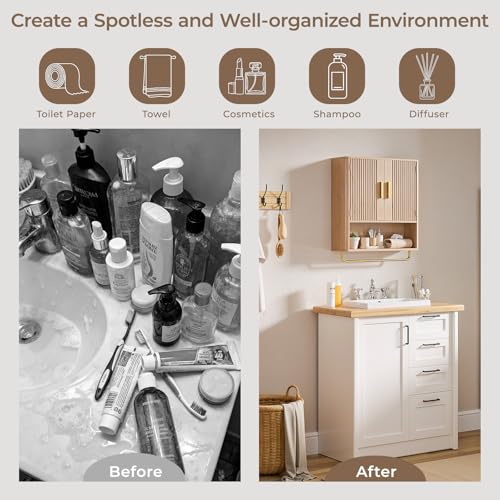 Bathroom Wall Cabinet, Medicine Cabinet with Fluted Door & Adjustable Shelf | Over The Toilet Storage Cabinet with Towel Bar, Space-Saving Cabinet Wall Mount for Laundry Room, Kitchen, Living Room - color: Natural Oak