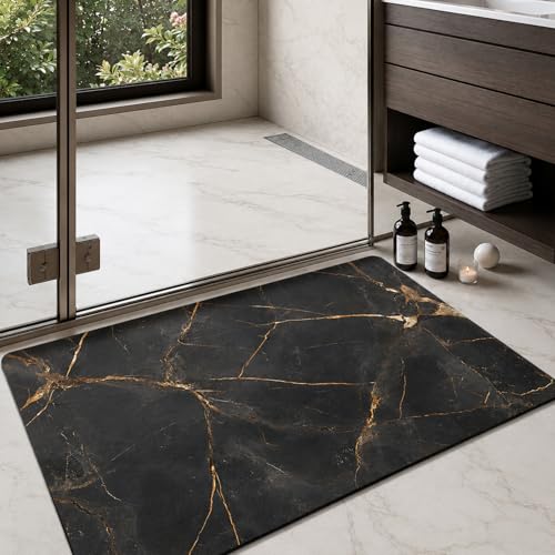 Color&Geometry Black Marble Bathroom Rugs Non Slip,Absorbent Thin Bath Mat | Washable Bath mats for Bathroom,Bath Mat Quick Dry Low Pile Bathroom Rug for Bathtub and Shower Floor 30"x17" - color: Gold-veined Marble, size: 17"x30"