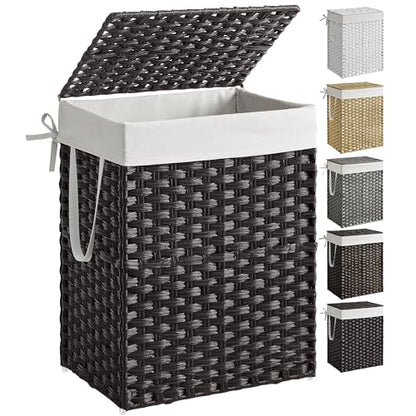SONGMICS Laundry Hamper with Lid, 23.8 Gallon (90 L) Synthetic Rattan Clothes Laundry Basket with Lid and Handles, Foldable, Removable Liner, Black ULCB51BK - color: Black, size: 90 L