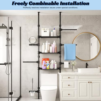 Over Toilet Storage Shelf Bathroom Organizer Rack, Adjustable 4 Tier Carbon Steel Over Toilet Shelf with Rod Structure No Drilling Installation for Small Bathroom (Black)