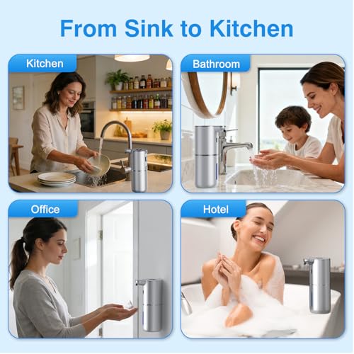 Fachixy Automatic Liquid Soap Dispenser Touchless, Smart Digital Display | 12.8oz/380mL, Up to 90 Days Battery Life, 6 Adjustable Level, Rechargeable, Wall Mountable IPX5 for Kitchen & Bathroom,Silver - color: Silver, style: Liquid