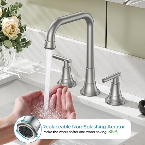 FORIOUS 8 In Brushed Nickel Bathroom Sink Faucet 3 Hole Widespread, Silver | Two Handles Brushed Nickel Bathroom Faucet 3 Hole, Widespread Faucet for Bathroom Sink with Drain and Hose, Farmhouse, Vanity - color: Brushed Silver