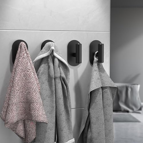 Aikzik Black Adhesive Hooks Heavy Duty-Max 26lb, Wall Hooks for Shower, Bathroom, Towel, Coat, Robe, Stainless Steel Hooks for Hanging, Sticky Hooks for Walls No Damage- 4 Pack - color: Black