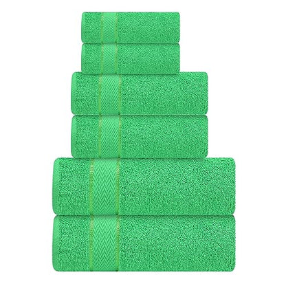 6 Piece 100% Cotton Bath Towel Set - 2 Bath - 2 Hand - 2 Face, Green | 100% Cotton • Thick & Plush • Hotel Quality • Ultra Soft • Highly Absorbent • Quick Dry • Low Lint • Machine Washable - color: Bright Green