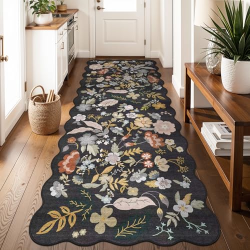 3x8 Floral Runner Rug for Hallway: Washable Wide Soft Carpet Runner Black | Scalloped Non-Slip Floor Mat for Kitchen Entryway Bathroom - Low-Pile Thin Water Resistant Door Mat for Boho Home Decor - color: Black, size: 3' x 8' (Runner)