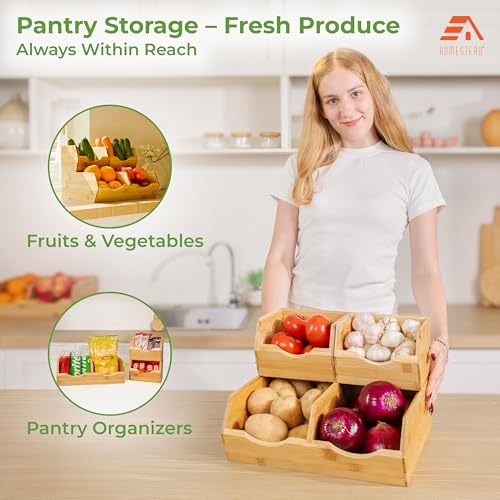 HOMESTEAD Bamboo Pantry Storage Bins – Stackable Potato & Onion Storage Bin for Kitchen Countertop, Pantry Organizer, Fruit Vegetable Basket, Multiuse - Set of 3 Slide-Out Access - size: Medium ( 3 Pack )
