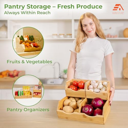 HOMESTEAD Bamboo Pantry Storage Bins – Stackable Potato & Onion Storage Bin for Kitchen Countertop, Pantry Organizer, Fruit Vegetable Basket, Multiuse - Set of 3 Slide-Out Access - size: Medium ( 3 Pack )