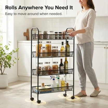 American Dream Black 4-Tier Mesh Basket Rolling Cart with Wheels Slim Metal Storage Organizer Trolley, 22.4" x 7.3" x 37.4" - color: Black