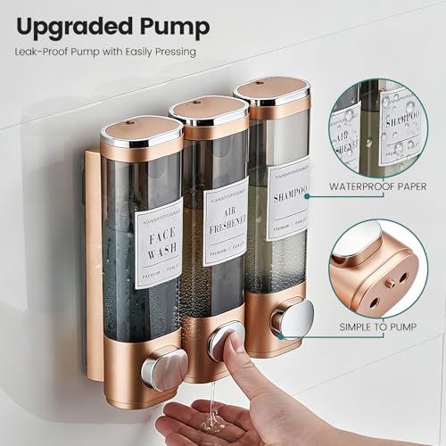 Wall Mounted Shower Soap Dispenser 3 Chamber,No Drill Shower Dispenser | Shampoo and Conditioner Dispenser for Bathroom Hotel Large Capacity, Gold - color: 3gold