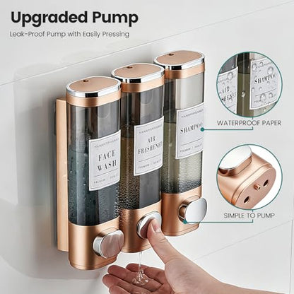 Wall Mounted Shower Soap Dispenser 3 Chamber,No Drill Shower Dispenser | Shampoo and Conditioner Dispenser for Bathroom Hotel Large Capacity, Gold - color: 3gold