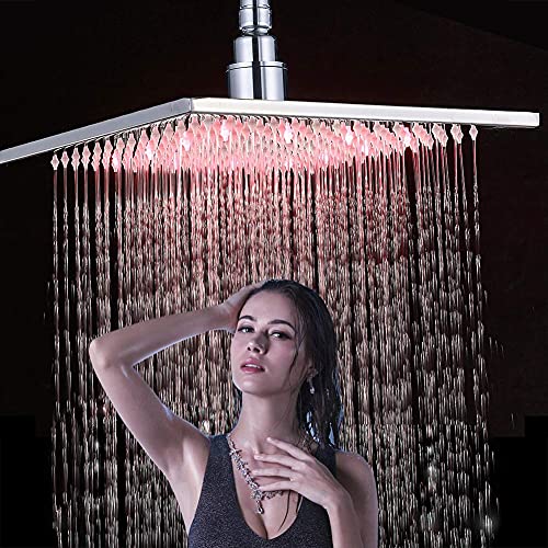 NeierThodore Polished Chrome Large 16 Inch LED Shower Head Solid Square Rainfall with Rubber Nozzles, 3 Settings - color: Chrome, size: 16 Inch