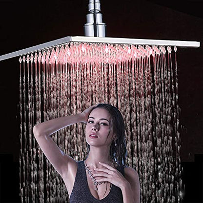 NeierThodore Polished Chrome Large 16 Inch LED Shower Head Solid Square Rainfall with Rubber Nozzles, 3 Settings - color: Chrome, size: 16 Inch