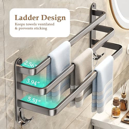 SEIDO 36 Inch 3-Tier Towel Rack for Bathroom, Heavy Duty Square Ladder Towel Bar Wall Mounted, Rustproof 304 Stainless Steel Brushed Grey Towel Holder with Hooks, Adhesive & Screw Mounting Options - color: Grey, size: 36 Inch