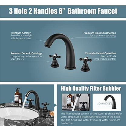 Widespread Bathroom Faucet 3 Hole Sink Faucet 8 Inch Two Cross Handles Solid Brass Deck Mount Pop Up Drain Assembly Included Curved Spout Matte Black - color: Matte Black